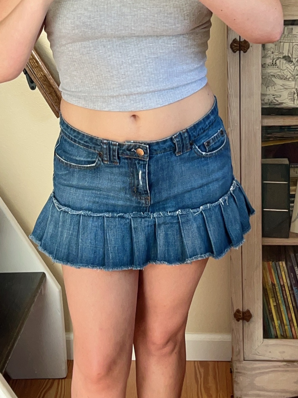 Vintage Y2K Lux Faded Denim Pleated Micro Mini Skirt Low Rise Size 5